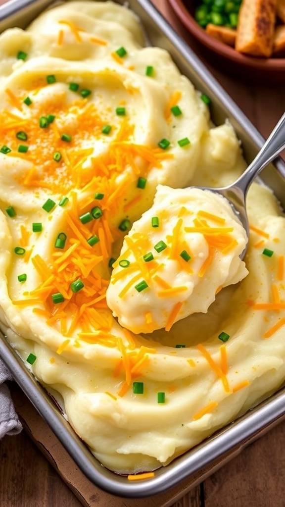 Baked mashed potatoes in a 9x13 pan, topped with melted cheese and garnished with chives.